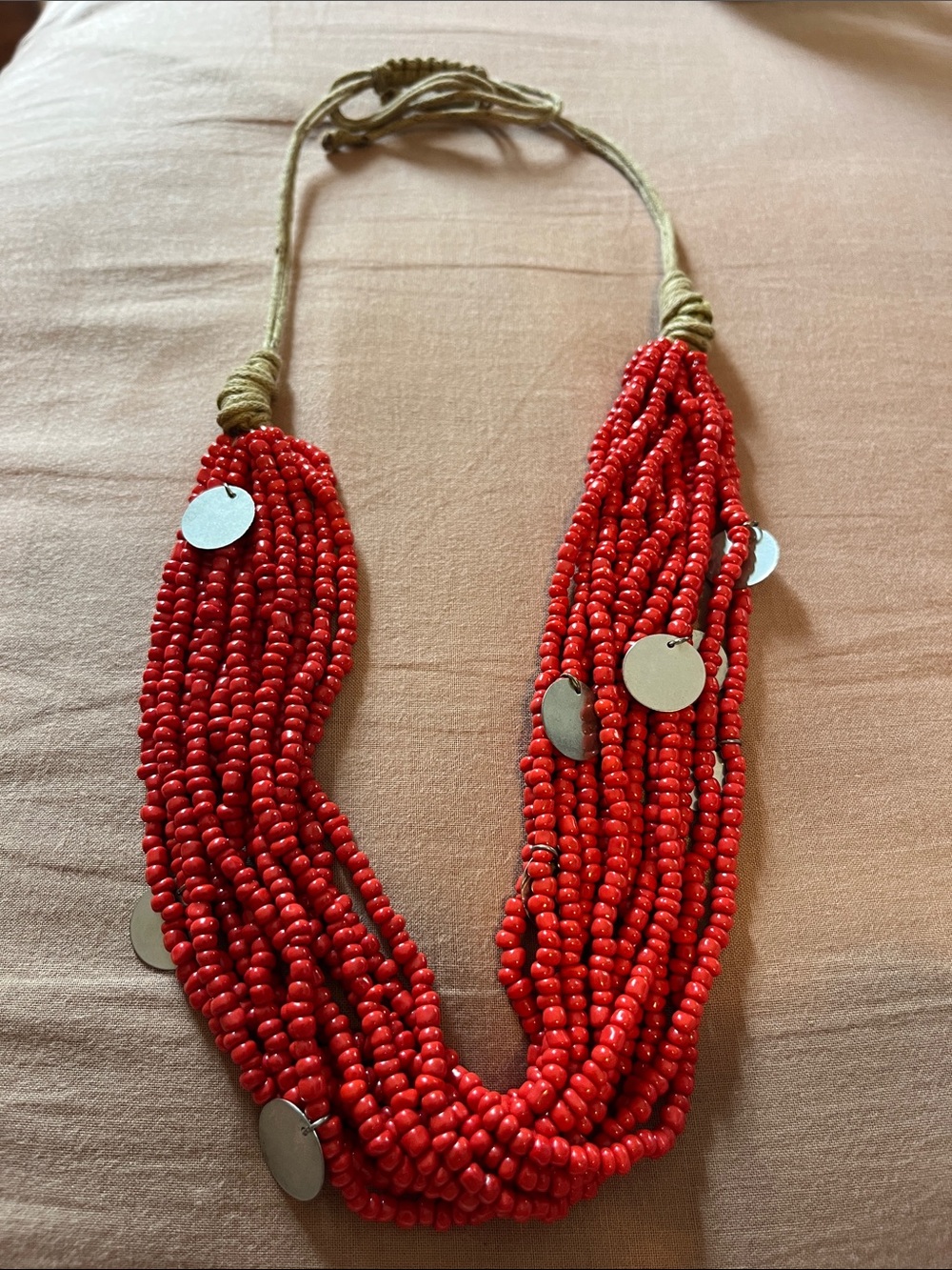 GAP Red Multi-Strand Beaded Necklace with Silver Discs